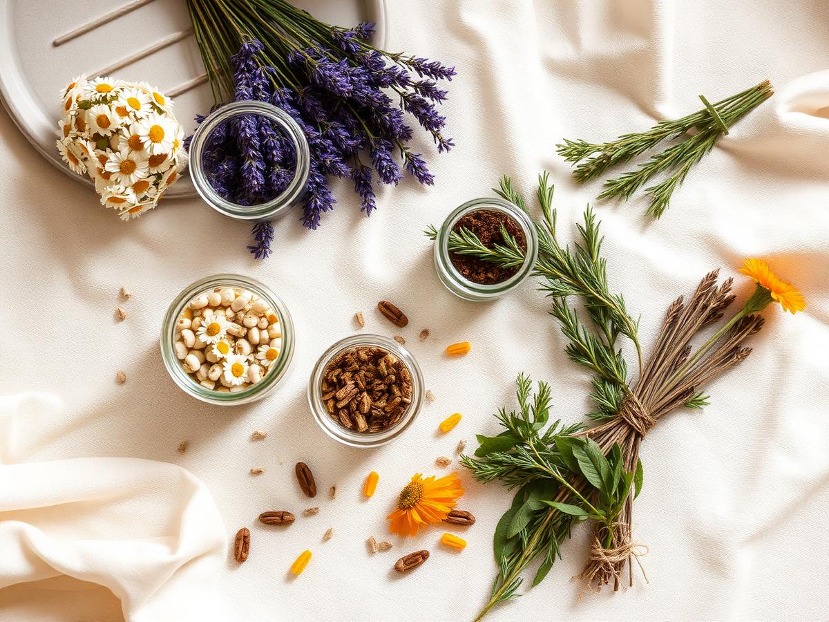 Selección de hierbas medicinales secas a luz natural